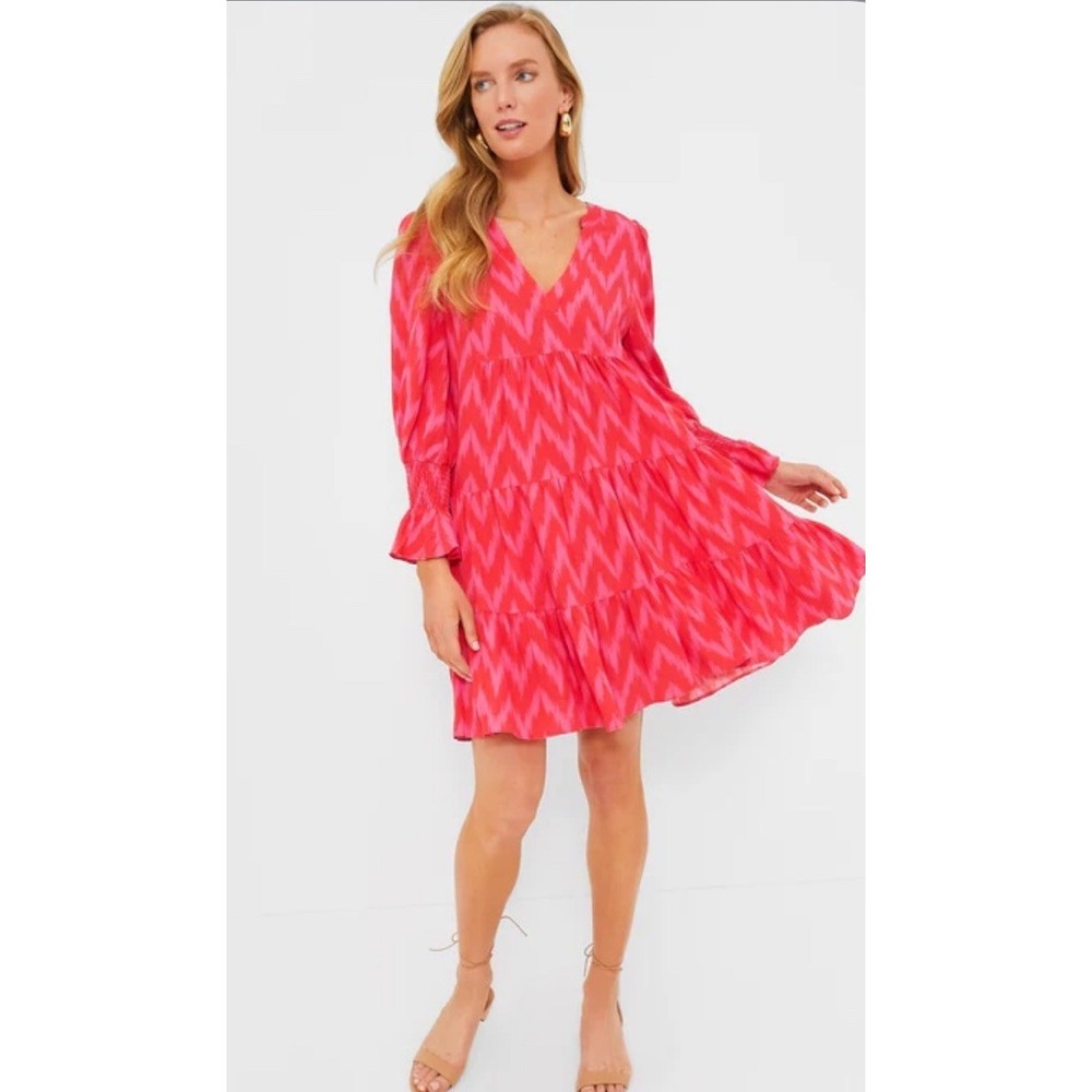 Pomander Place Pink Tuckernut Ikat Tiered Babydoll Dress XS Boho Beach Resort
